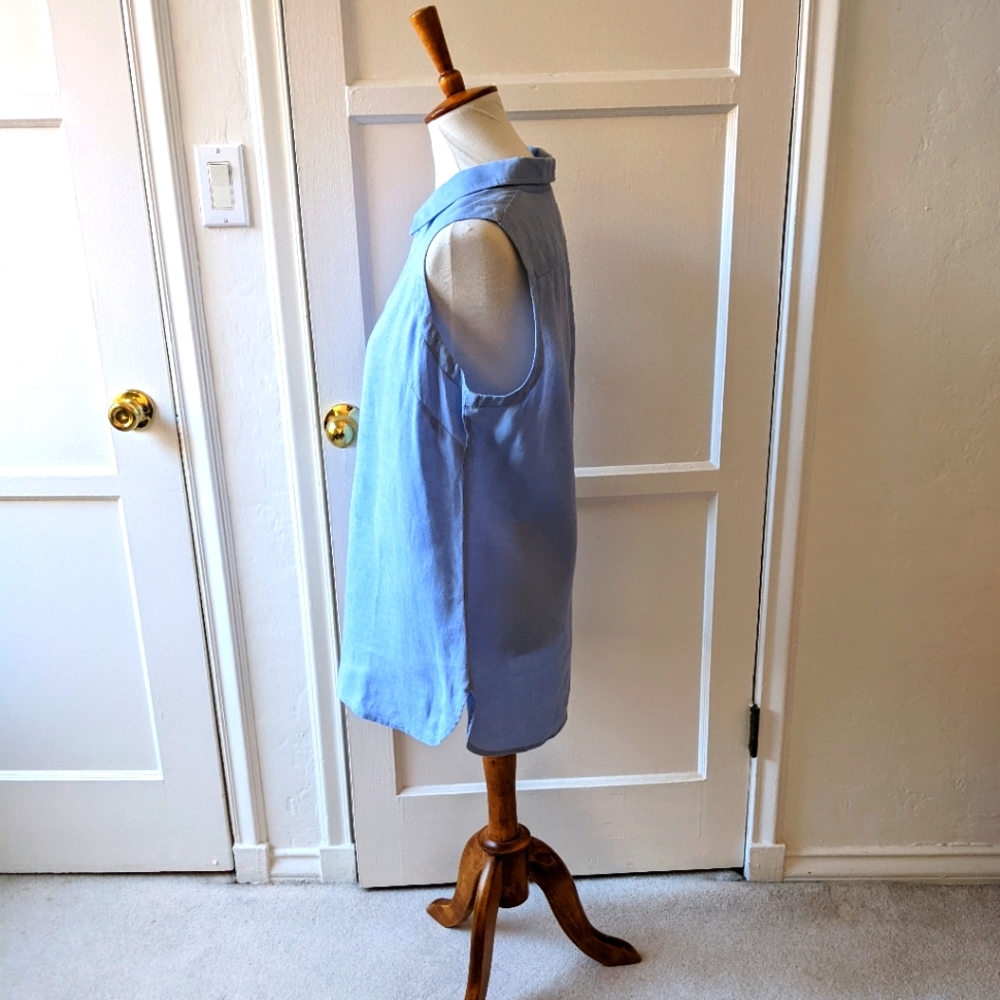 Neiman Marcus blue linen v neck collared top Size large - Picture 4 of 8